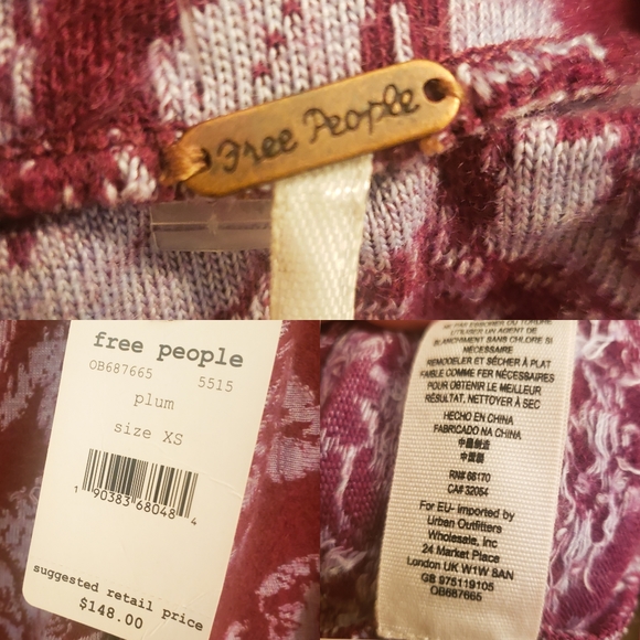 FREE PEOPLE Dress Long Sleeve Mini Sweater Wool Mock Neck Floral Boho Wine XS - Picture 5 of 10